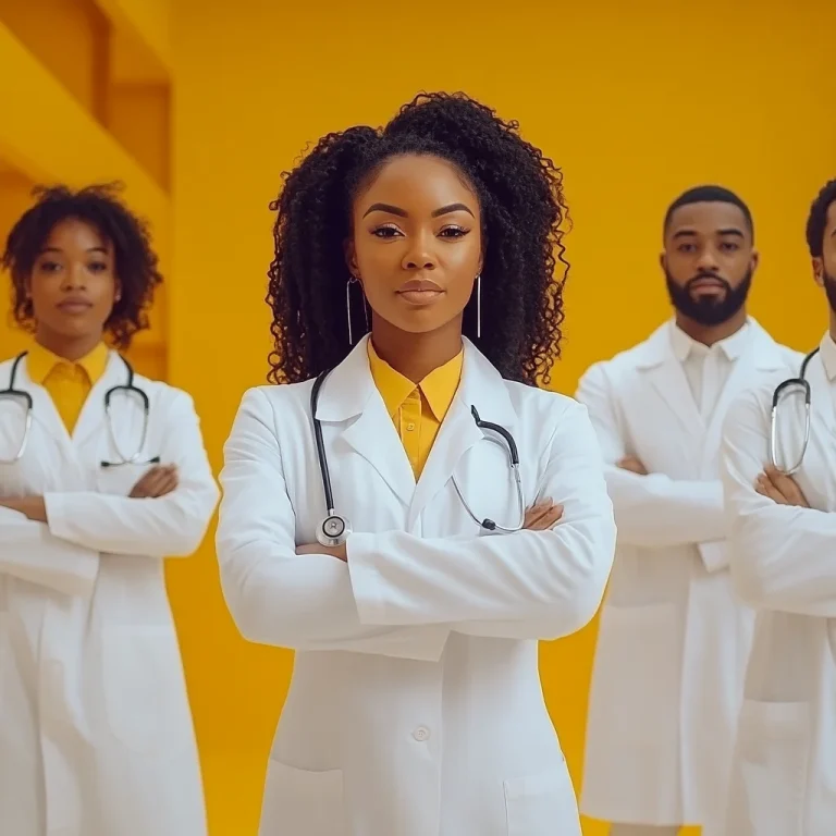 Two smiling female black doctors representing the B-MED medical community.
